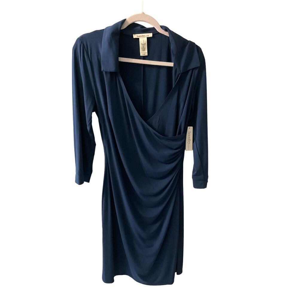 Laundry by Design Wrap Midi Dress Women's 10 Blue Long Sleeve Pleated Collared